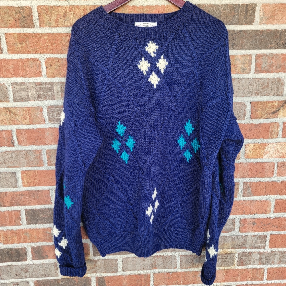 Vintage John Ashford Sport Hand Knit 100% Worsted Wool Blue Sweater Size L